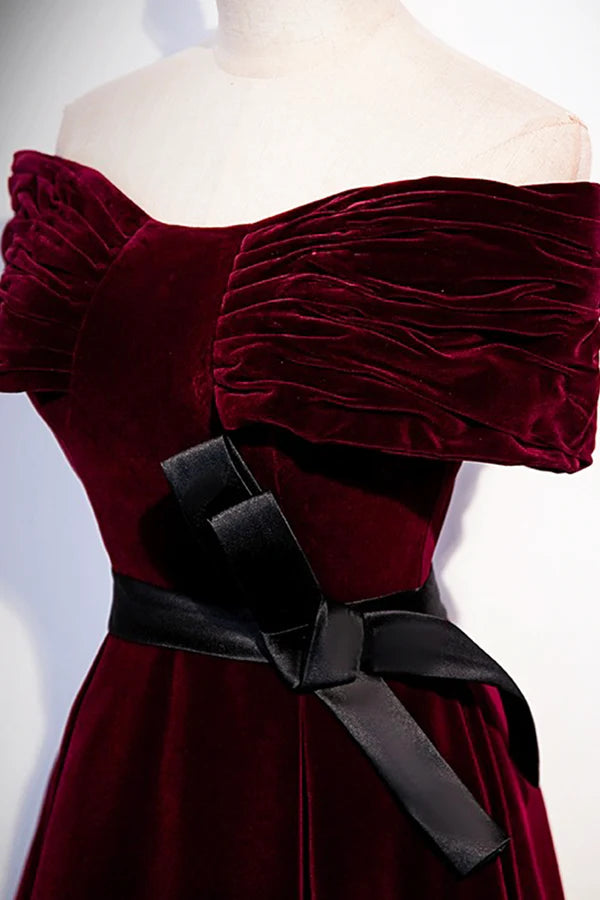 Wholesale Burgundy Velvet Floor Length Prom Dress Elegant Off the Shoulder Party Dress